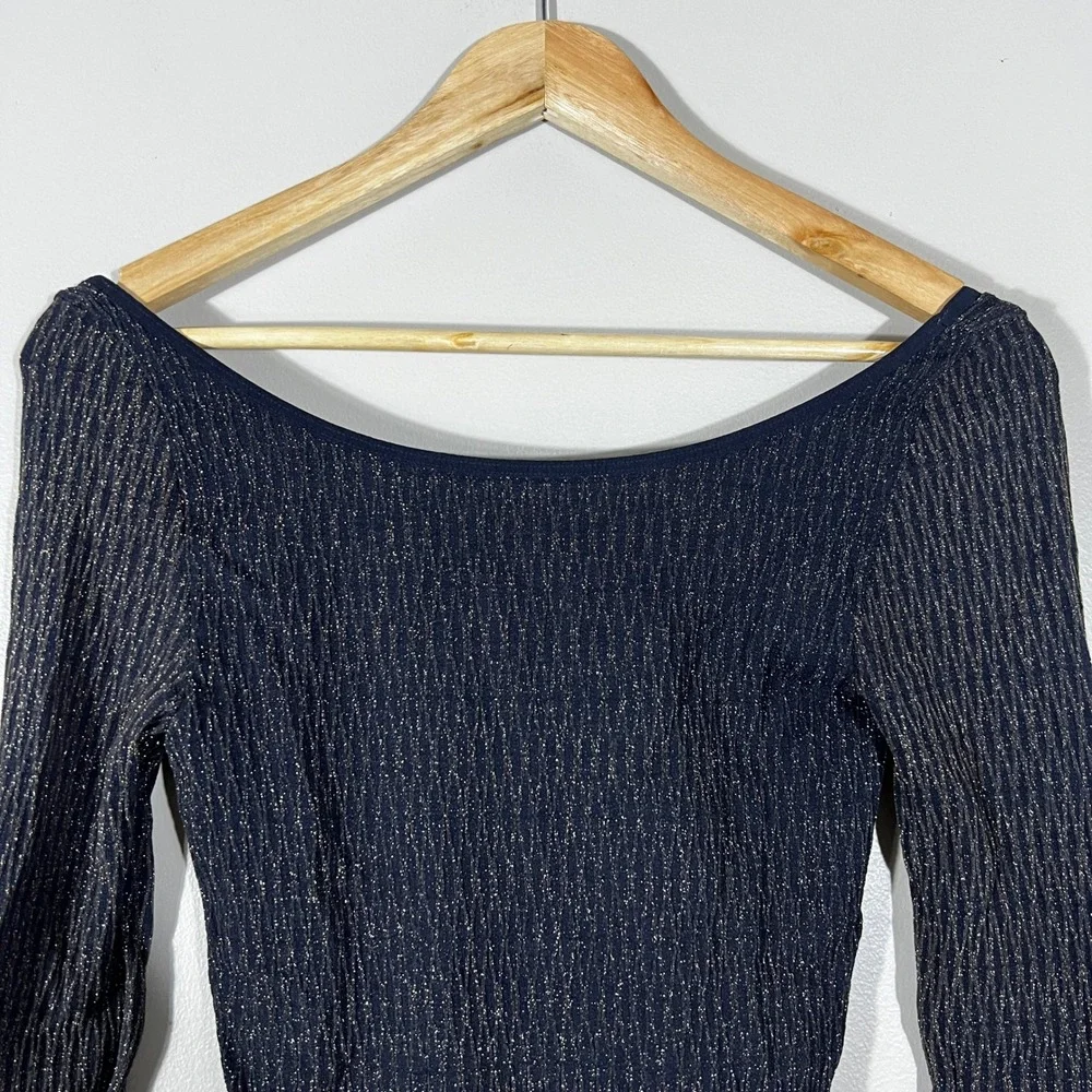 Free People Intimately Ribbed Metallic Bodysuit Navy Gold Sparkle Size XS/S